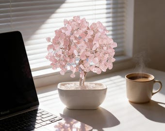 Rose Quartz Crystal Tree Decor, Pink Gemstone Bonsai, Crystal Money Tree, Ceramic Base Desk Decor, Gift for Her
