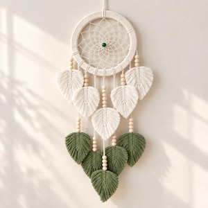 Olive Green Macrame Dream Catcher, Boho Leaf Wall Hanging, Botanical Bedroom Decor, Nature Inspired Living Room Wall Art