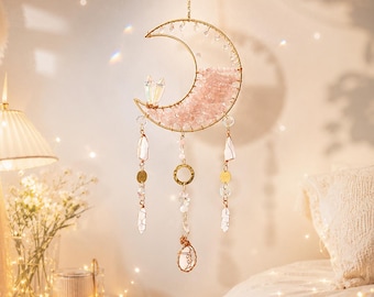 Rose Quartz Moon Dream Catcher Wall Hanging, Crystal Moon Suncatcher, Pink Crystal Wind Chime Decor, Boho Bedroom Decor, Gift for Her