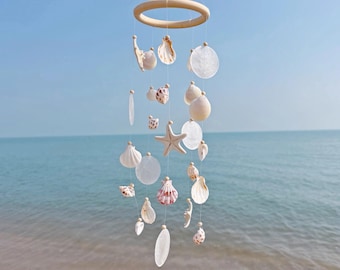Seashell Wind Chime, Coastal Beach House Decor, Boho Shell Hanging Mobile, Wall Hanging for Bedroom Nursery Patio, Beach Lover Gift