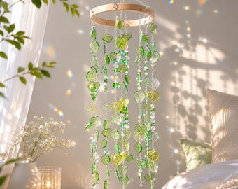 Green Leaf Dream Catcher Wind Chime, Small Cottagecore Leaf Suncatcher, , Crystal Window Hanging, Boho Bedroom Decor, Nature Inspired Gift