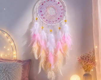 Handmade Pink Dream Catcher, Cute Boho Dreamcatcher Wall Hanging, Nursery Bedroom Decor, Kawaii Room Decor, Birthday Gift for Girls