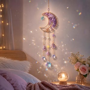 Purple Amethyst Moon Suncatcher, Tree of Life Crystal Window Hanging, Rainbow Maker, Boho Home Decor, Spiritual Gift for Her