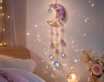 Purple Amethyst Moon Suncatcher, Tree of Life Crystal Window Hanging, Rainbow Maker, Boho Home Decor, Spiritual Gift for Her