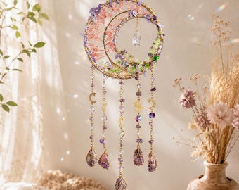 Rose Quartz Suncatcher, Macrame Crystal Sun Catcher, Crescent Moon Hanging Decor, Boho Window Ornament, Birthday Gift, Christmas Gift