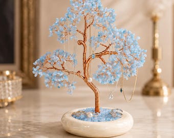 Aquamarine Crystal Tree, Gemstone Tree Decor, Jade Base Crystal Tree, Tree of Life, Desk Decor, Meditation Decor, Gift for Her, Home Decor