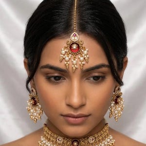 Kundan Choker Necklace Set with Maang Tikka, Earrings | Antique Gold Ruby Bridal Jewelry