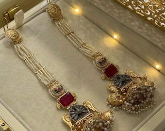 Long Gold Jhumka Earrings with Pearls and Ruby Stone | Traditional Indian Bridal Jewelry/ gift for her