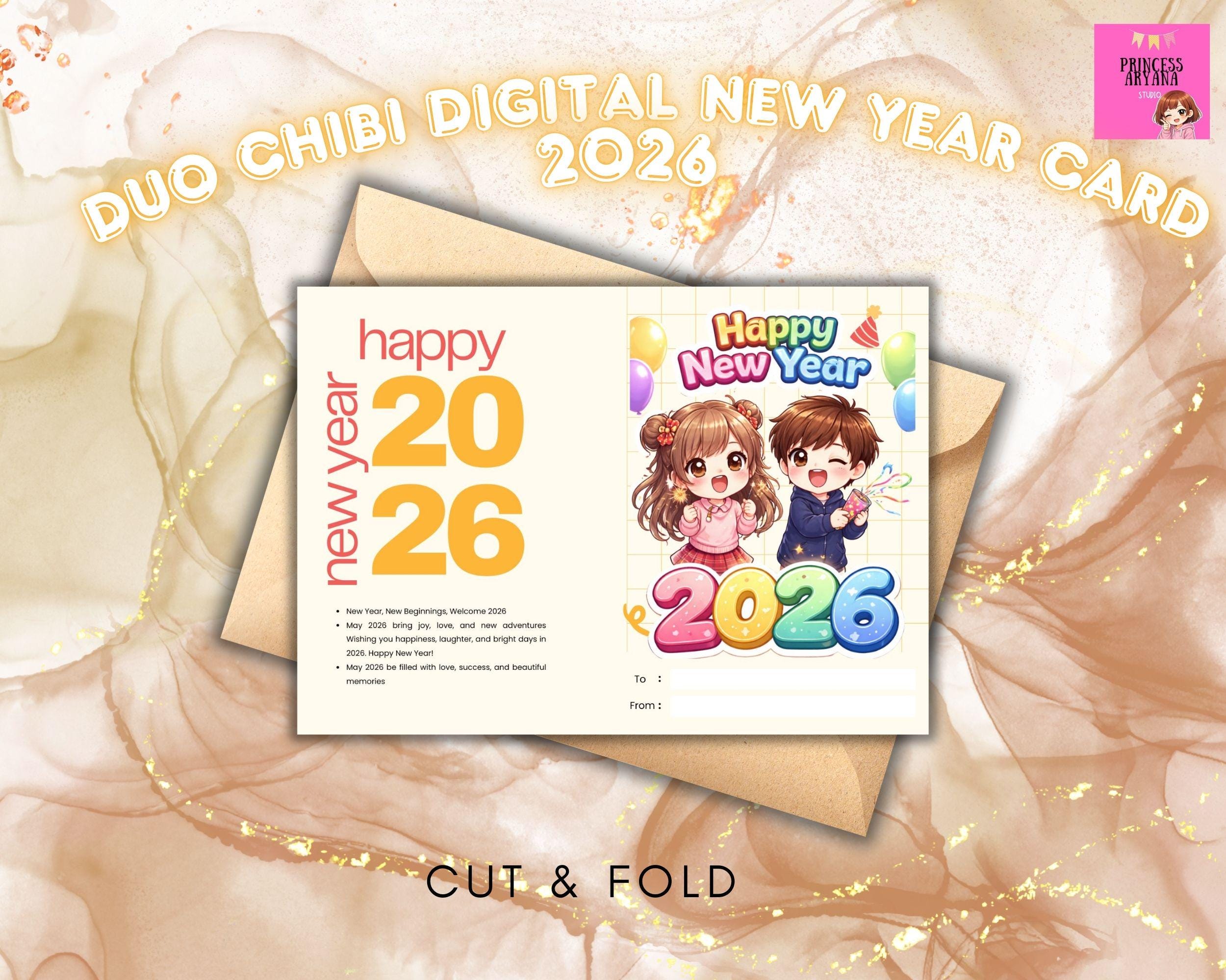 New Year 2026 Chibi Card Cute Duo Chibi Greeting Card Printable Folded ...