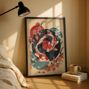 Pode incluir: Impress&atilde;o art&iacute;stica emoldurada com dois peixes koi nadando em torno de um design de disco de vinil. A obra de arte inclui flores de cerejeira, um sol vermelho e elementos de &aacute;gua azuis. A impress&atilde;o tem uma moldura preta.