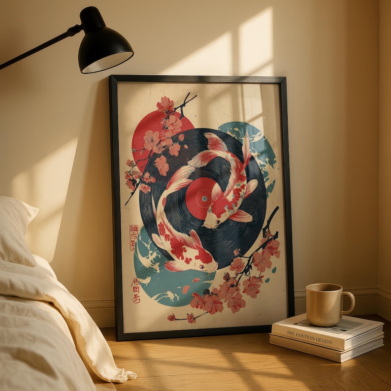 Pode incluir: Impress&atilde;o art&iacute;stica emoldurada com dois peixes koi nadando em torno de um design de disco de vinil. A obra de arte inclui flores de cerejeira, um sol vermelho e elementos de &aacute;gua azuis. A impress&atilde;o tem uma moldura preta.