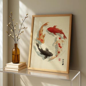 Pôster de arte de parede com carpas koi japonesas, impressão decorativa zen asiática, obra de arte minimalista japonesa, arte oriental moderna para sala de estar.