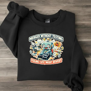 May include: A black crewneck sweatshirt featuring a graphic of a cartoon robot pressing a large enter key. The text reads "MERGED WITHOUT TESTING" and "FEELING CUTE, MIGHT REVERT". The design includes a computer screen with error messages and icons.