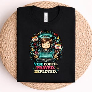 Puede incluir: Una camiseta negra con un gráfico de una persona meditando con un portátil, rodeada de ventanas de error flotantes, cohetes y un halo brillante. El texto debajo dice VIBE CODED. PRAYED. DEPLOYED. El diseño utiliza colores vibrantes sobre un fondo oscuro.