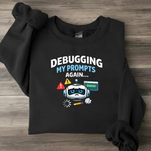 May include: A black crewneck sweatshirt featuring a graphic of a sad robot head with the text "DEBUGGING MY PROMPTS AGAIN..." in white and light blue. The design includes a red warning triangle, a yellow caution sign, and a green error window.