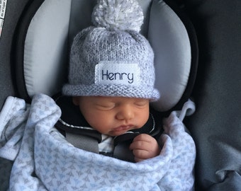 Personalized Preemie Hat: Hand Knit Newborn Pom Pom Beanie