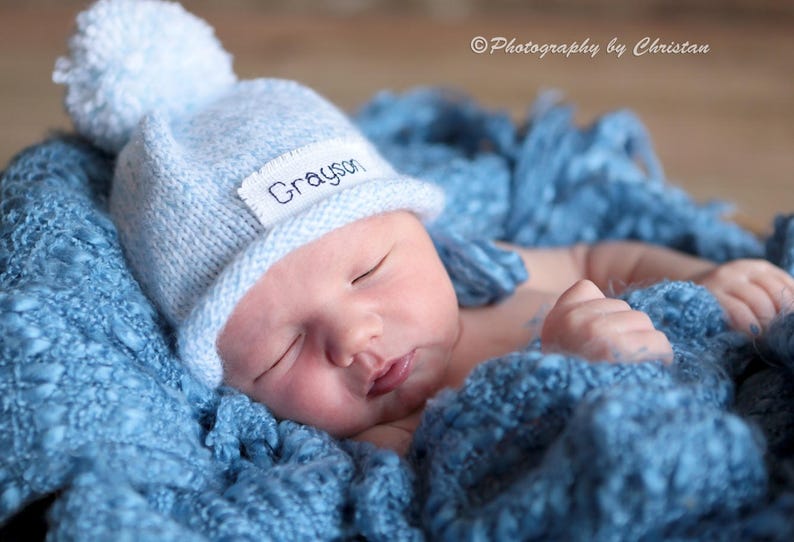 Bebé niño, Anuncio del nombre del bebé, Nuevo bebé, Regalo de baby shower, Gorro de bebé, gorro de invierno, recién nacido, niña, gorro de punto, Personalizado, Foto Prop 9 Blue Marl