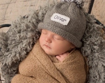 BABY ANNOUNCEMENT, Knit Baby Hat, Personalized,New Baby, Newborn Hat,  Baby Boy Hat, Preemie, Free monogrammed name, girls hat, Winter hats