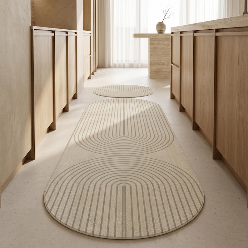 May include: An elongated oval runner rug and a smaller circular rug, both featuring a cream-coloured base with a series of concentric, dark grey arched lines forming a symmetrical pattern that spans the length of the floor coverings.