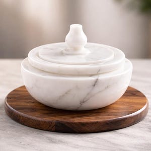 Puede incluir: Un cuenco de mármol blanco con tapa, sobre una base redonda de madera oscura. El cuenco tiene una forma clásica con un pequeño pomo decorativo en la tapa. El mármol presenta sutiles vetas grises. Aproximadamente 15 cm de diámetro.