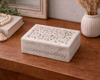 Hand Carved White Marble Jali Box | Jewelry Keepsake Storage