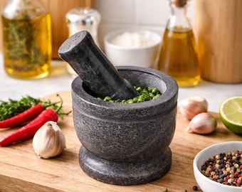 Mortero y maja de granito, molinillo de especias de piedra, pequeño recipiente para triturar hierbas, triturador de ajo, utensilio de cocina para moler, regalo para chef