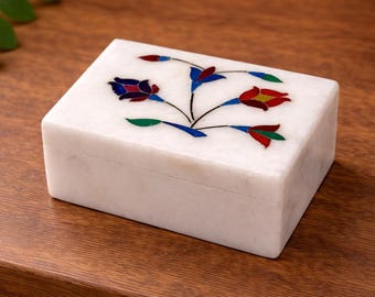 White Marble Jewelry Box with Lid, Floral Inlay Stone Trinket Box, Handmade Keepsake Storage, Small Jewelry Organizer, Gift