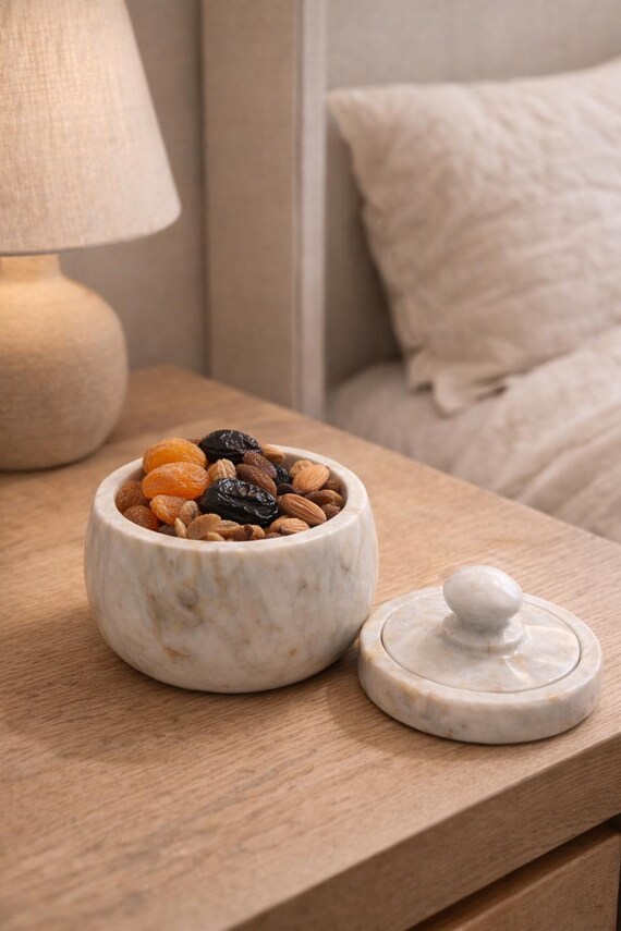 Handmade White Marble Bowl with Lid | Minimalist Home Decor