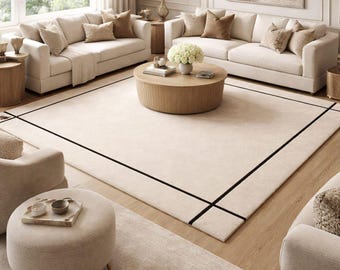 Alfombra de lana color crema con mechones hechos a mano / Borde negro minimalista moderno