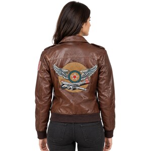 Military Aviator Bomber | Brown Leather Flight Jacket with Patches for Women | Vintage Flight Gear Cosplay Gift for Fans