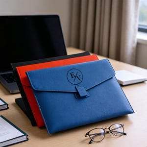 May include: Three leather document holders in blue, red, and black are stacked on a wooden desk. The blue holder has a flap closure and a circular emblem with the letters "E" and "X". A laptop and eyeglasses are also on the desk.