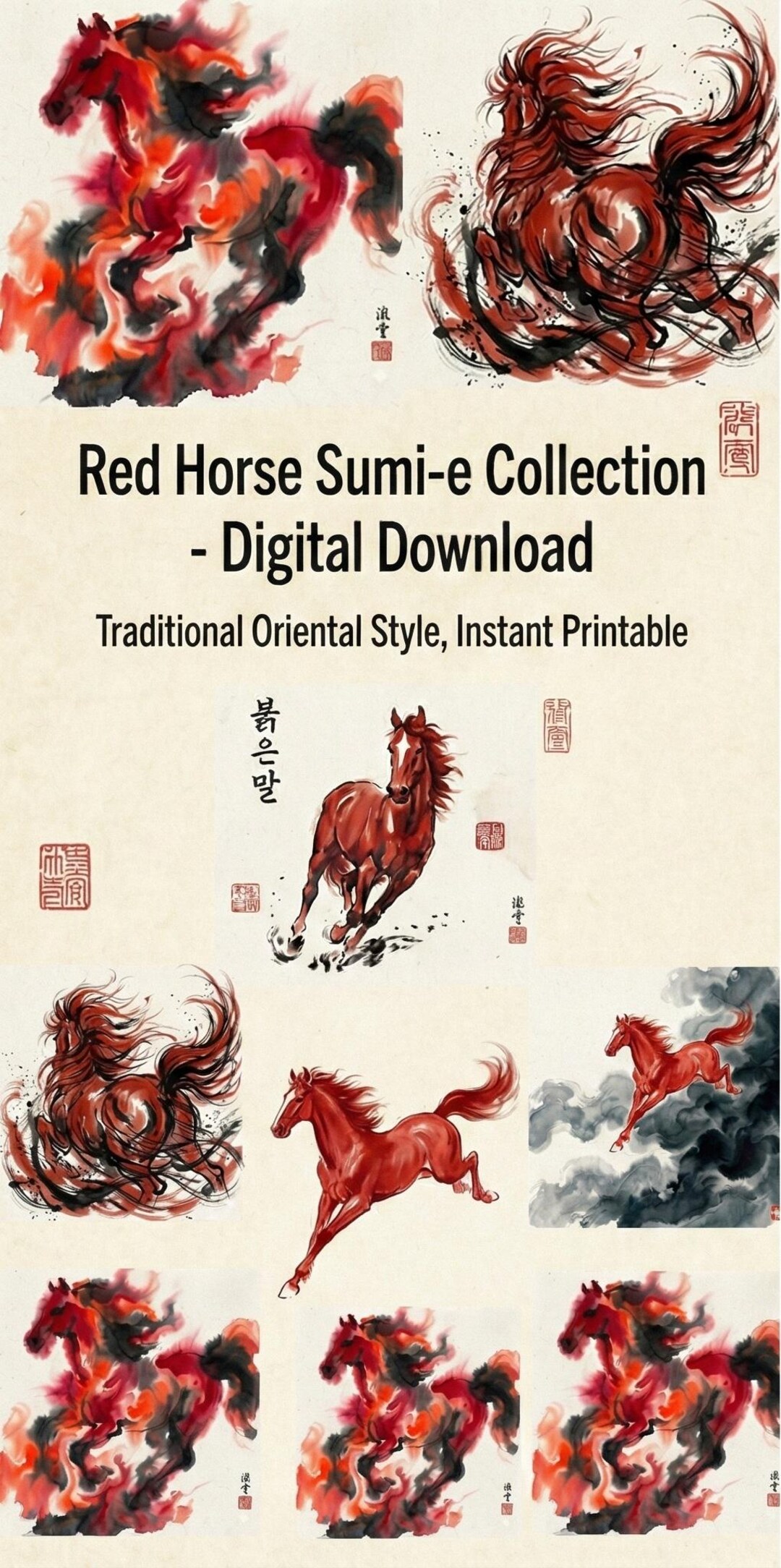2026 Year of the Horse Clipart Bundle | Red Fire Horse Sumi-e Painting ...
