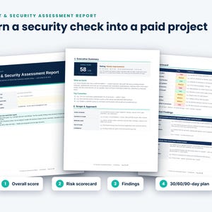 Peut inclure: Un rapport d'évaluation informatique et de sécurité avec le texte Turn a security check into a paid project. Le document comprend un résumé, une fiche d'évaluation des risques, des conclusions détaillées et un plan sur 30, 60 et 90 jours.