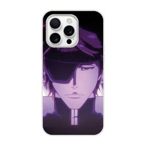 May include: A white phone case with a purple anime character wearing a black eyepatch and dark hair. The character is set against a dark background. The case has a glossy finish and a camera cutout.