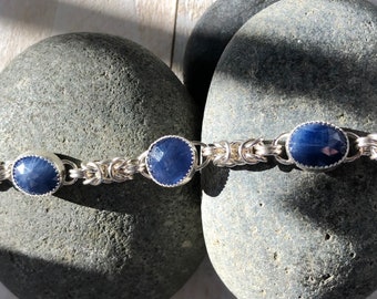 Sterling Silver Byzantine Bracelet with Sapphire, Handmade Silver Bracelet, Free Priority Mail Shipping