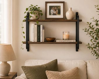 Rustic Industrial 2 Tier Wood Floating Shelf, Farmhouse Bathroom Kitchen Storage, Black Metal Wall Mounted Shelf Organizer