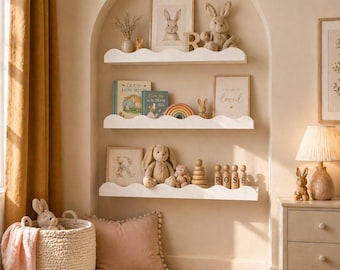 Scalloped Kids Room Shelf | Nursery Floating Book Shelf | White Wood Wall Shelf Decor | Montessori Baby Room Shelf | Toddler Gift
