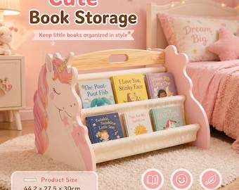 Kids Montessori Bookshelf | Wooden Sling Rack | Nursery Book Storage Organizer | Bear Giraffe Unicorn Dinosaur Toddler Bookcase | Baby Gift