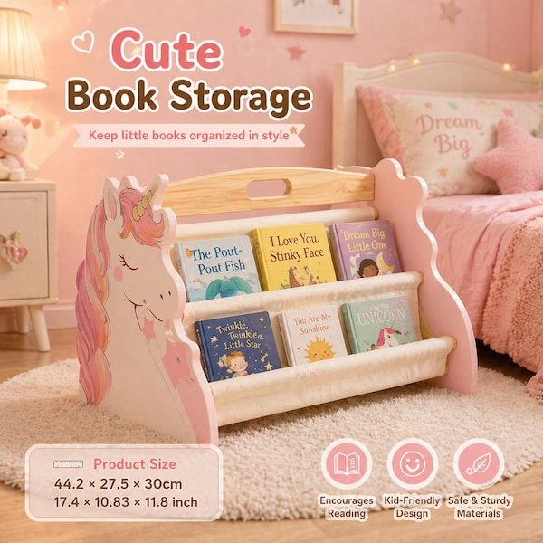 Kids Montessori Bookshelf | Wooden Sling Rack | Nursery Book Storage Organizer | Bear Giraffe Unicorn Dinosaur Toddler Bookcase | Baby Gift