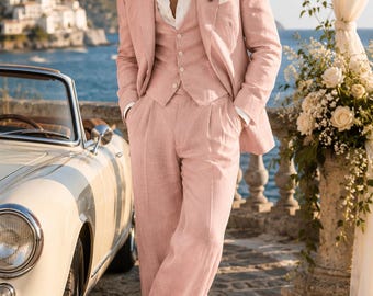 Vintage Blush Pink Linen Groom Suit for Men, 3 Piece Wedding Suit, Old Money Linen Suit, Beach Wedding Outfit, Wide Leg Trousers