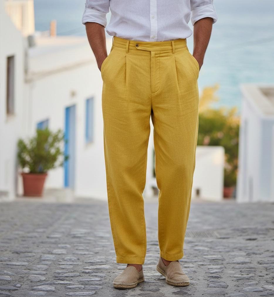 1940s Style Linen Trousers - High Waist Double Pleated Mens Pants