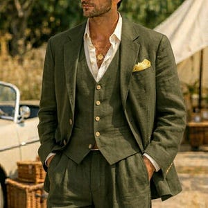 Elección del novio: Traje de lino color oliva salvia para bodas de destino