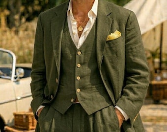 Bräutigam Wahl: Salbeifarbener olivgrüner Leinenanzug für die Hochzeit mit besonderem Flair