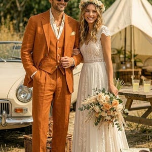 Męski 3-częściowy garnitur lniany w kolorze wypalonej pomarańczy – szyty na miarę strój ślubny w kolorze rdzy