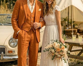 Men's Burnt Orange 3-Piece Linen Suit – Custom Tailored Rust Wedding Attire