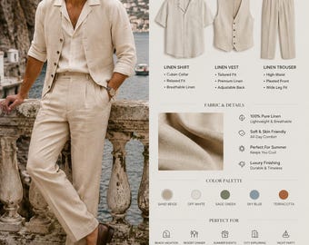 Linen Vest and Trouser Set – Breathable Beach Wedding Outfit, Summer Resort Wear