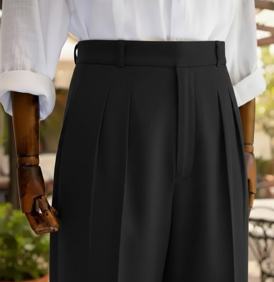 1950s Style Black Cotton Pleated Trousers – High Rise Tailored
