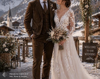 Swiss Alpine Corduroy Wedding Suit – Rustic Brown Groom Outfit, European Style