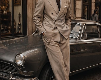 Men's Double Breasted Linen Suit, Tailored Relaxed Fit Linen Suit, Old Money Italian Style Suit, Custom Wedding Linen Suit, Vintage Groom