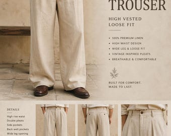 Pantalones de lino vintage para hombre: pantalones holgados de talle alto, pierna ancha, estilo veraniego, conjunto minimalista en color beige.